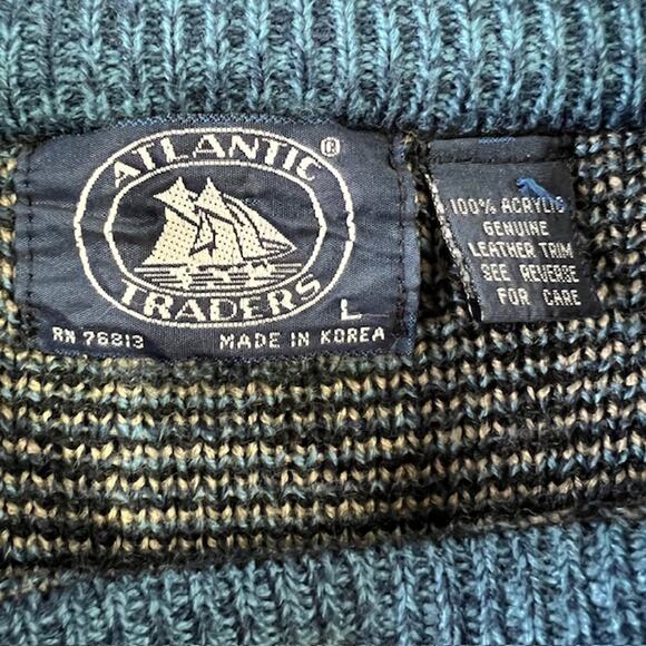 VTG 90s Atlantic Traders Knit Geometric Sweater Mens L Leather Trim Blue Tan - Picture 4 of 7